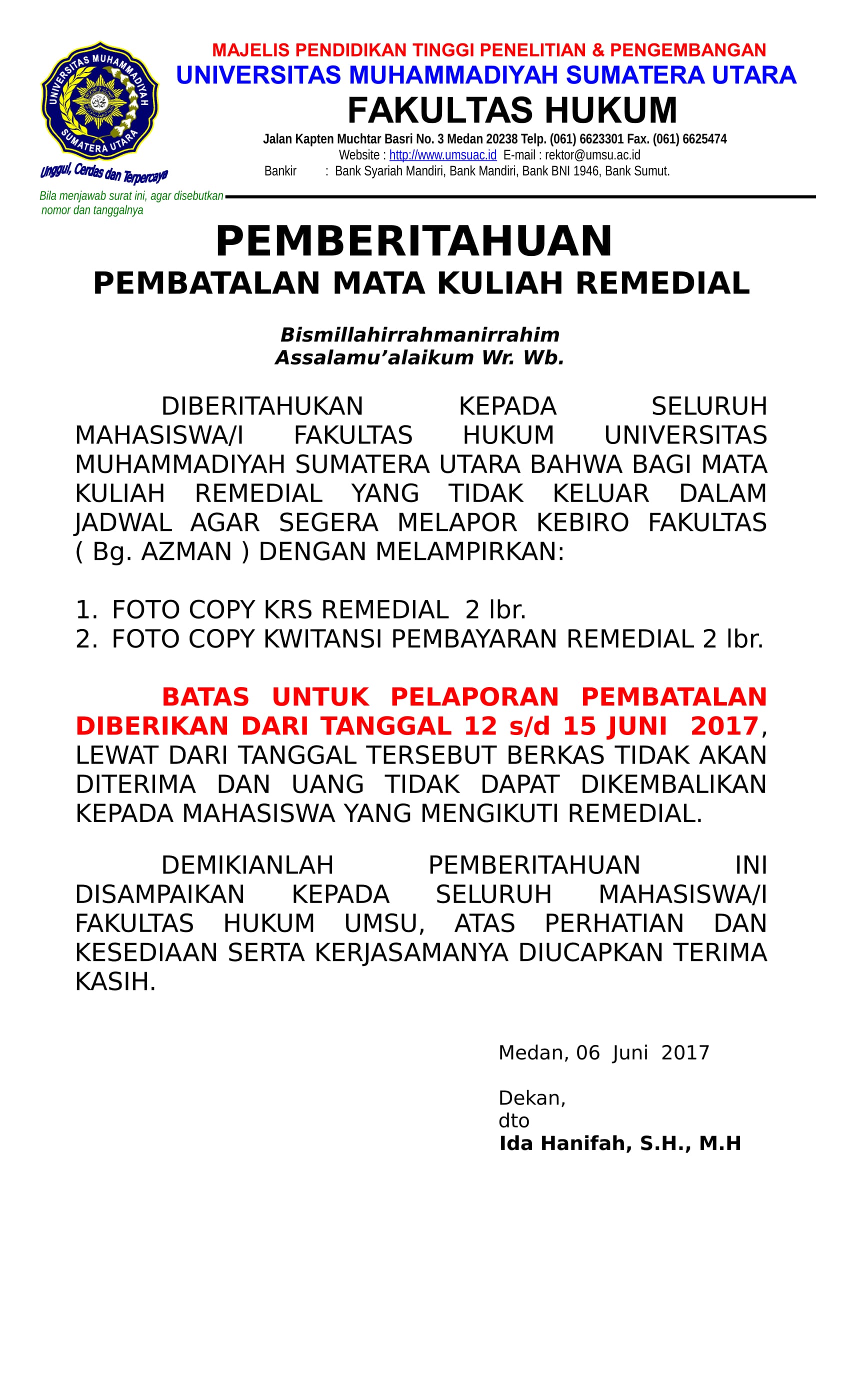 Info Pembatalan Mata Kuliah Remedial